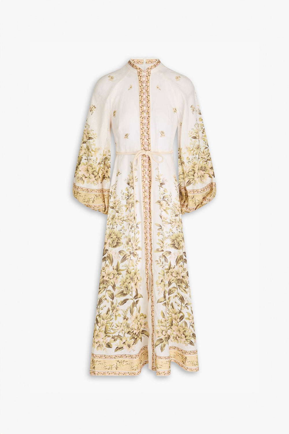 Long Sleeve Maxi Dress with Floral Embroidery and Rope Belt - Ivory