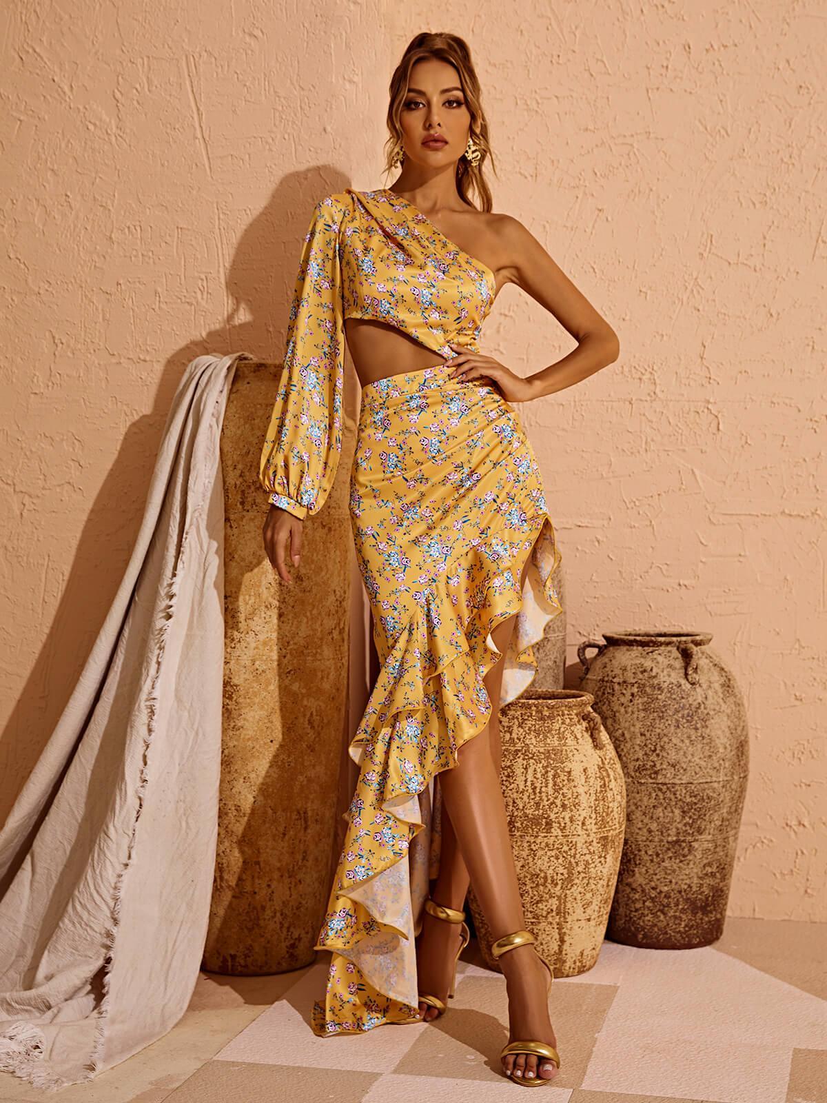 Ruffled Asymmetrical Maxi Dress - Yellow
