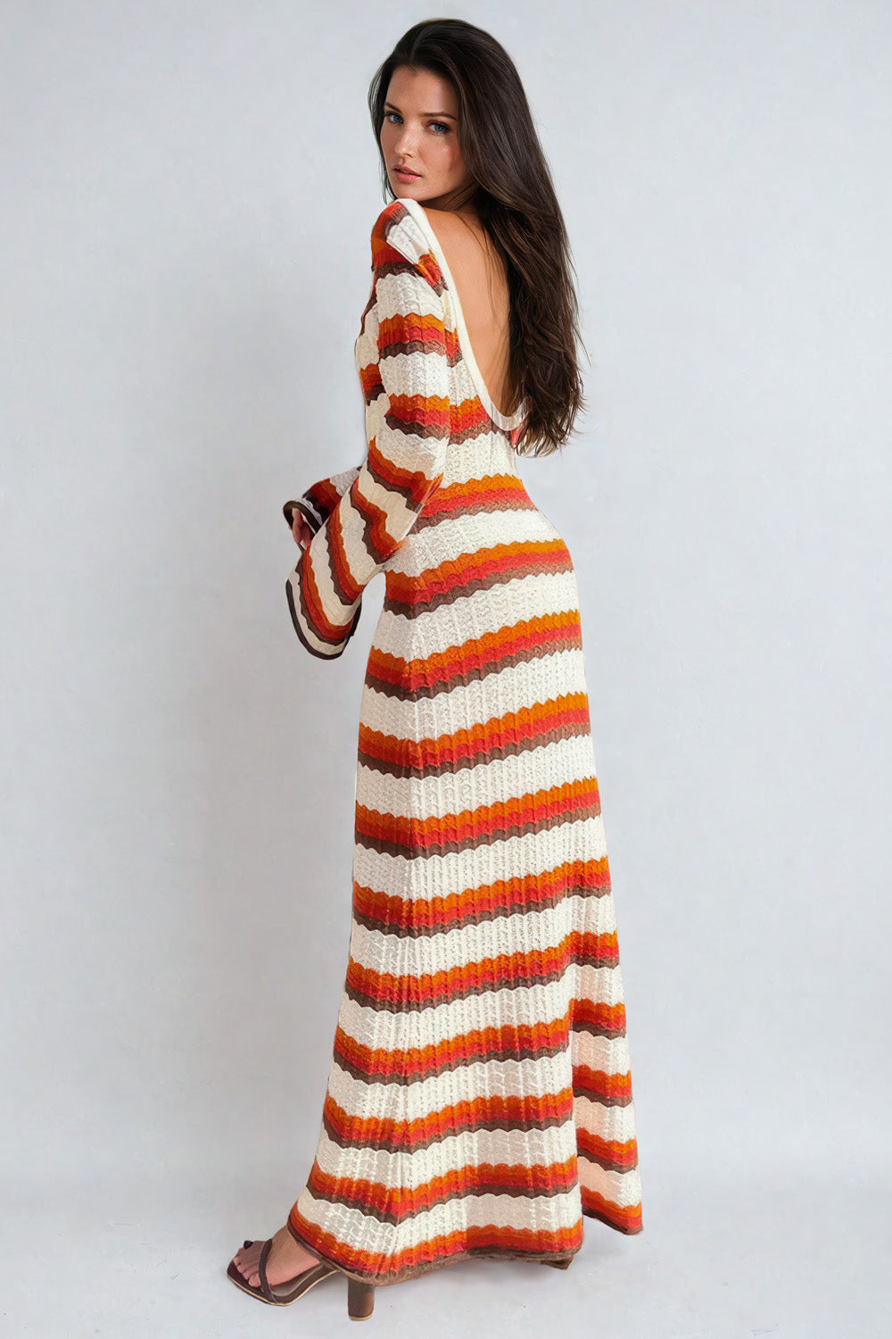 Long Sleeve Backless Cover-Up Dress - Striped