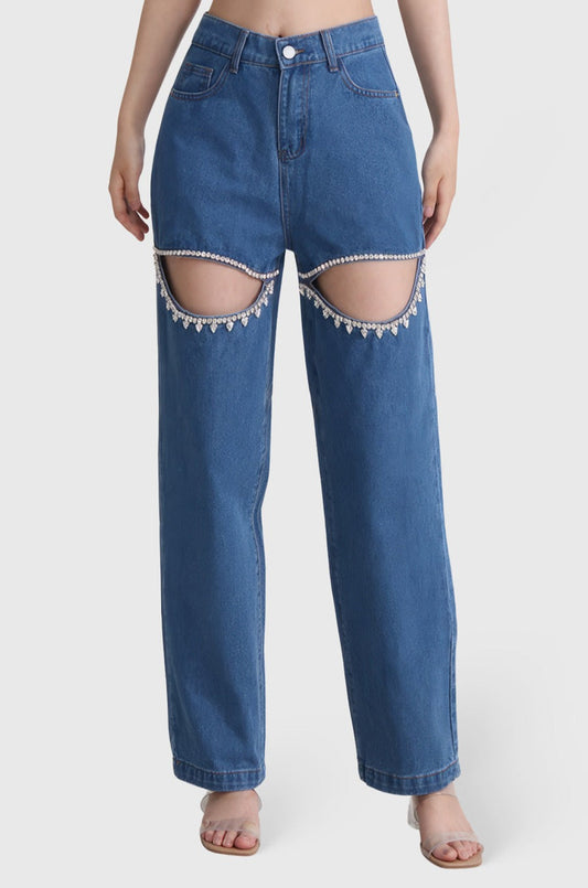 High-Waisted Embellished Cutout Jeans - Dark Blue