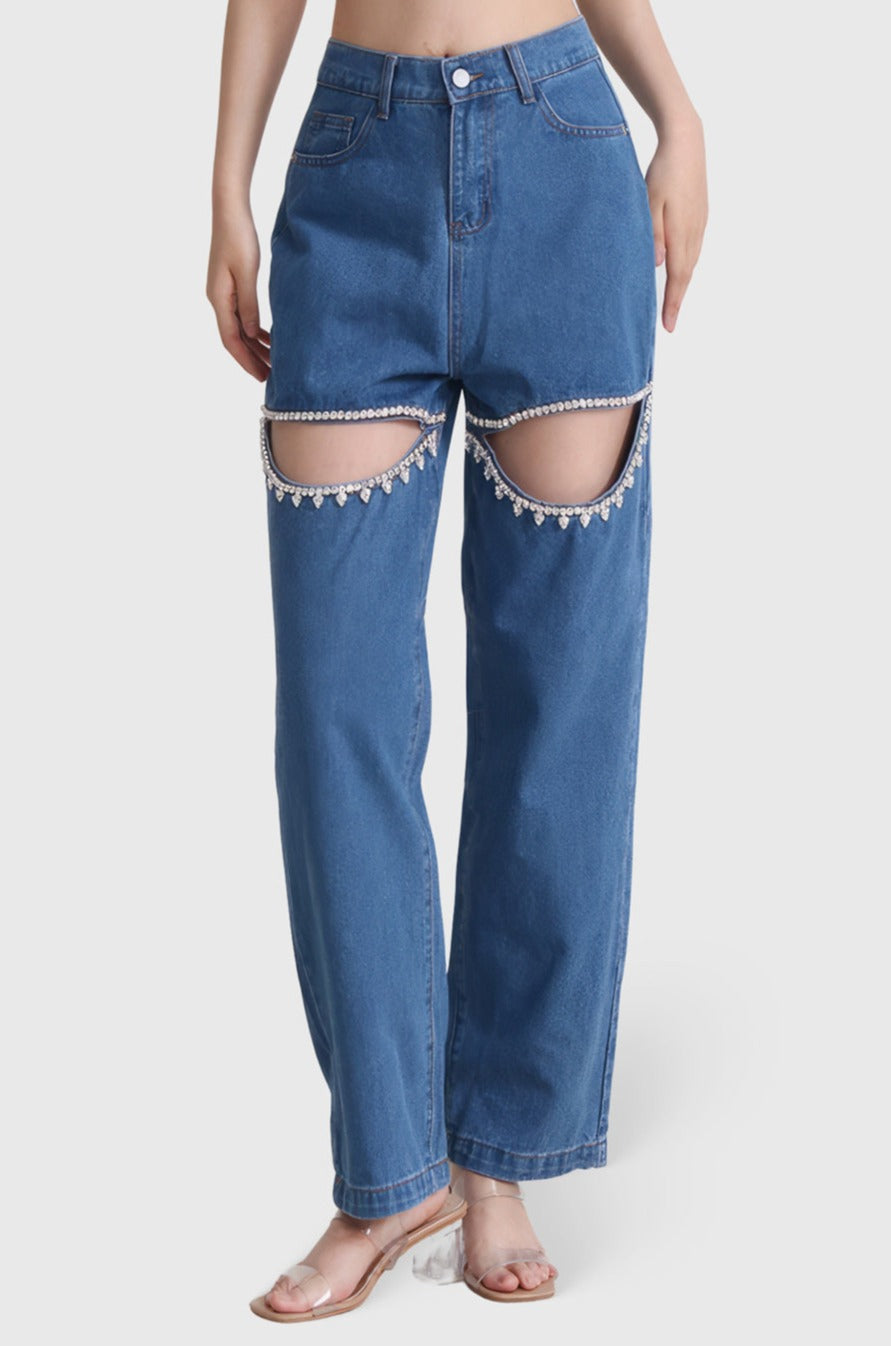 High-Waisted Embellished Cutout Jeans - Dark Blue