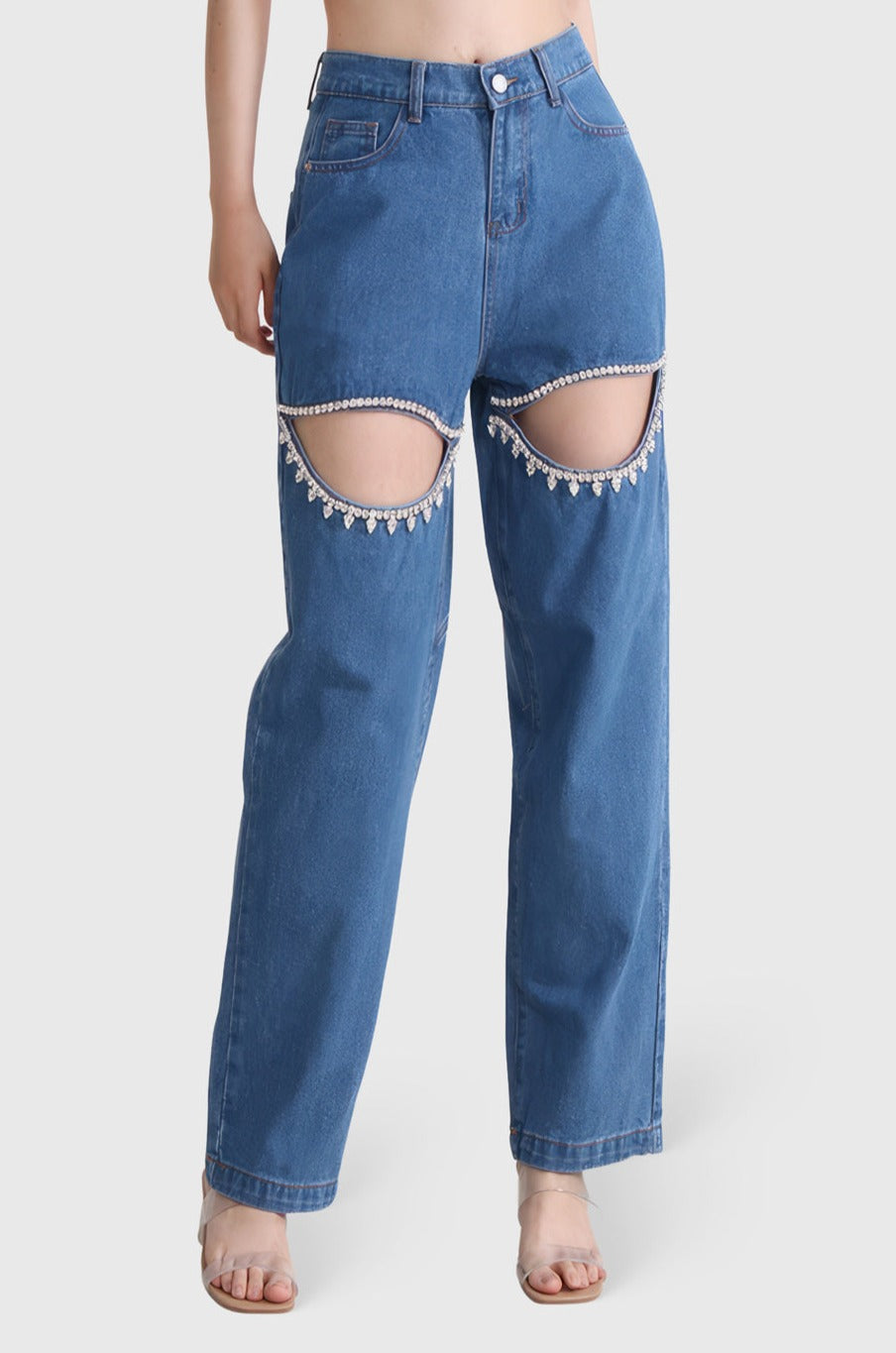 High-Waisted Embellished Cutout Jeans - Dark Blue