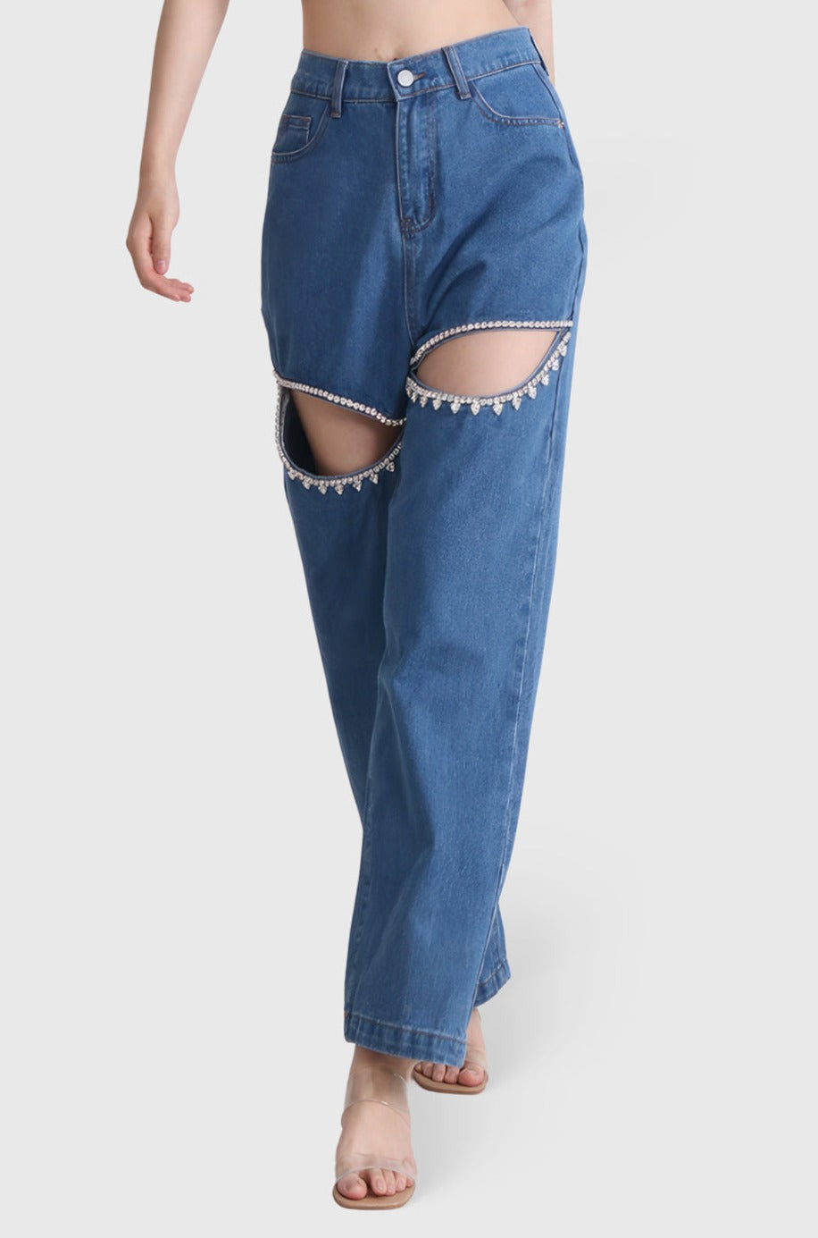 High-Waisted Embellished Cutout Jeans - Dark Blue