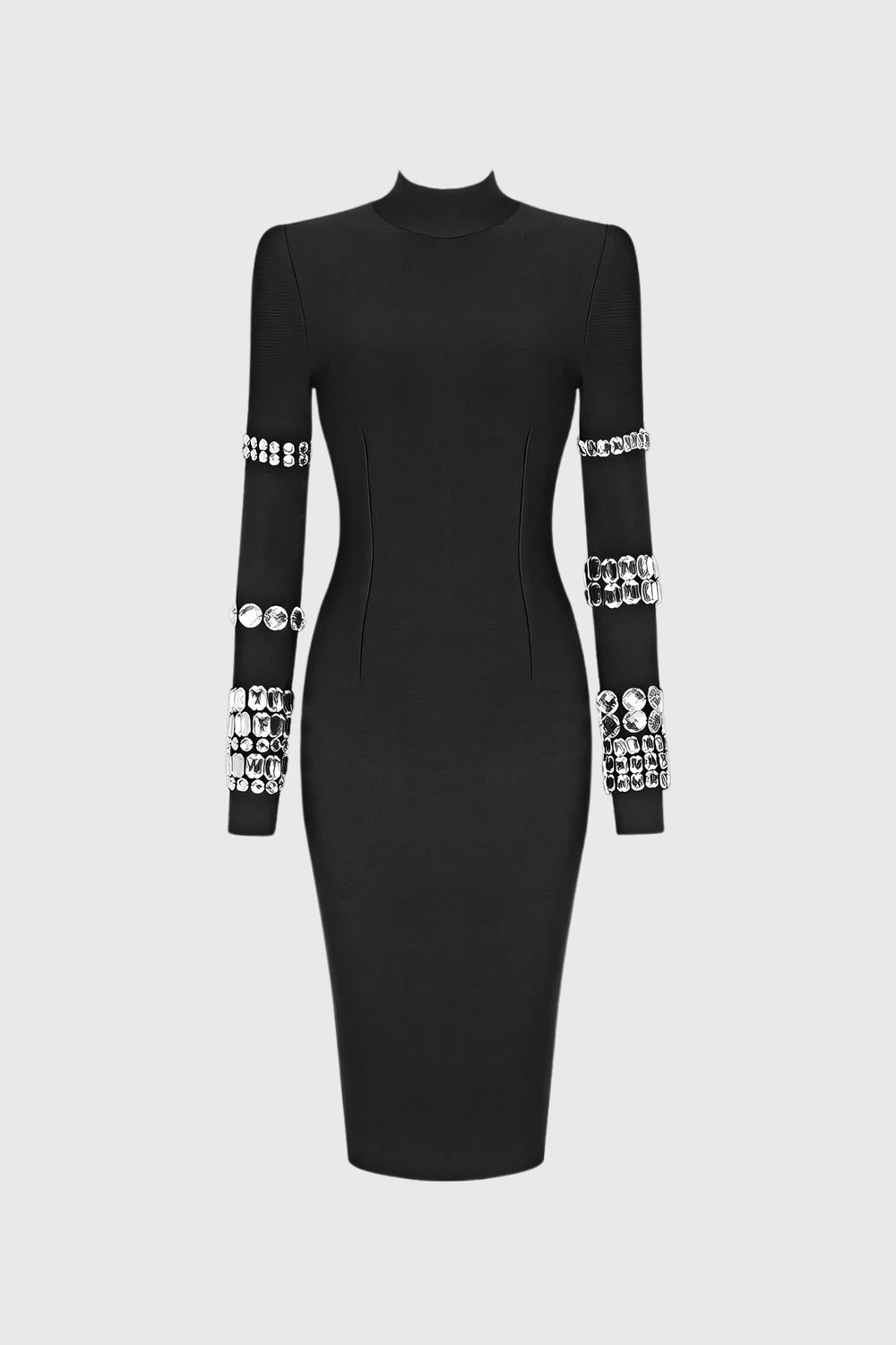 Elegant Rhinestone-Embellished High Neck Midi Dress - Black