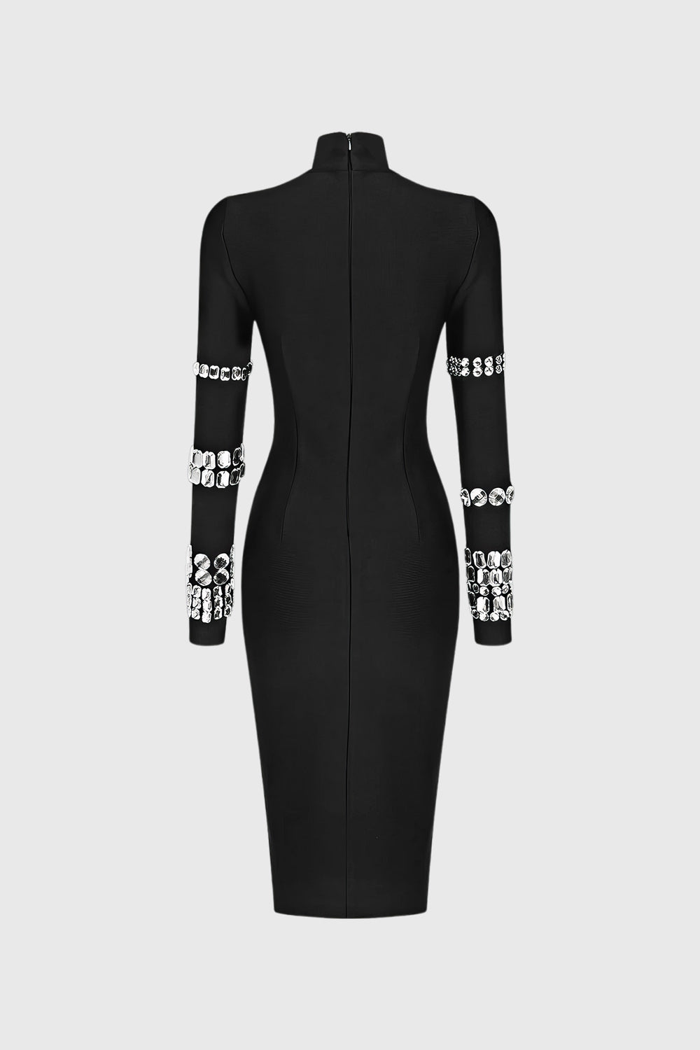 Elegant Rhinestone-Embellished High Neck Midi Dress - Black