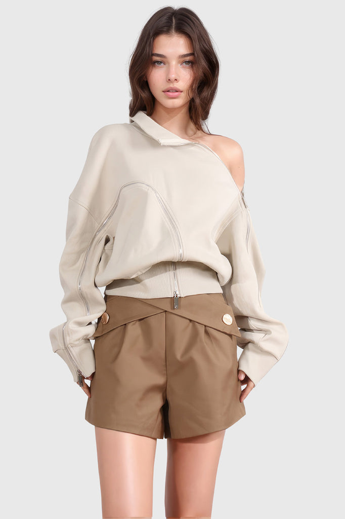 Off Shoulders Sweatshirt with Zippers - Beige