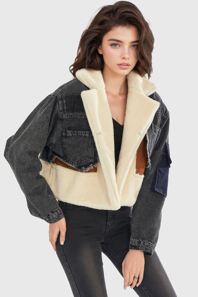 Fur Jacket with Denim Inserts - Black