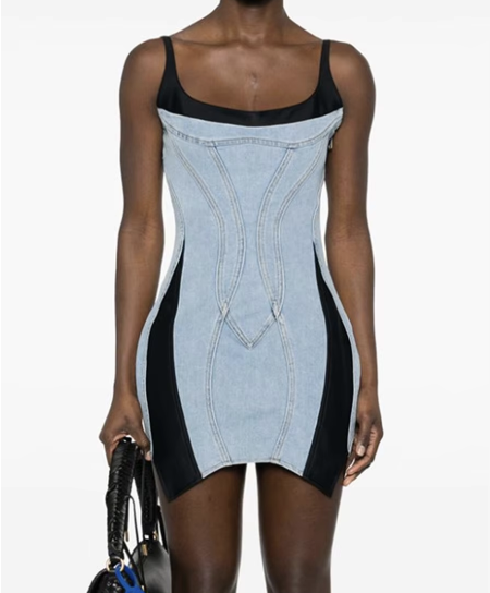 Denim-Contrast Panel Mini Dress - Blue