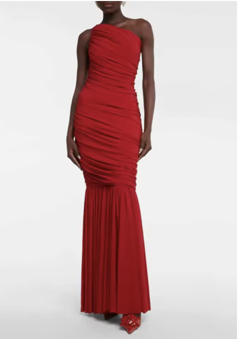 Ruched One-Shoulder Maxi Dress with Fitted Silhouette - Red