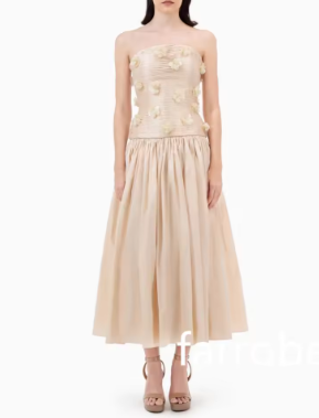 Strapless Midi Dress with 3D Floral Details - Pink