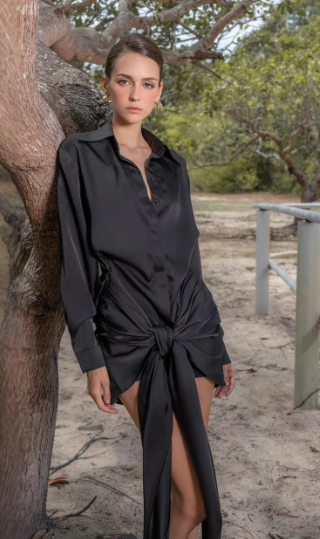 Draped Shirt-Style Mini Dress with Front Knot - Black