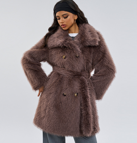 Double-Breasted Fur Coat - Brown